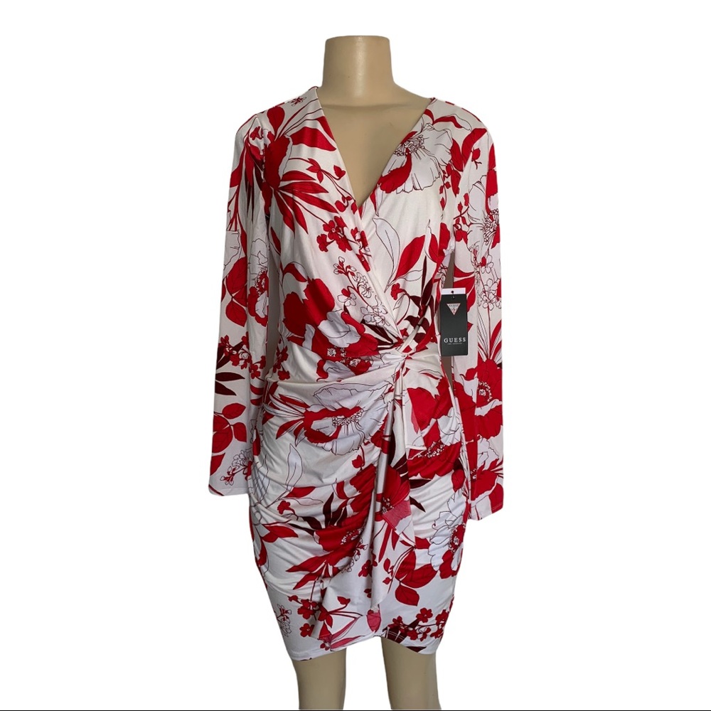 NWT Guess Floral Hawaiian Faux Wrap Draped Lined Midi Summer Dress